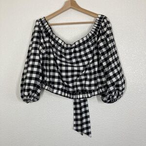 Maeve by Anthropologie Blouse Womens XL Black White Gingham Puff Sleeve Tie Back